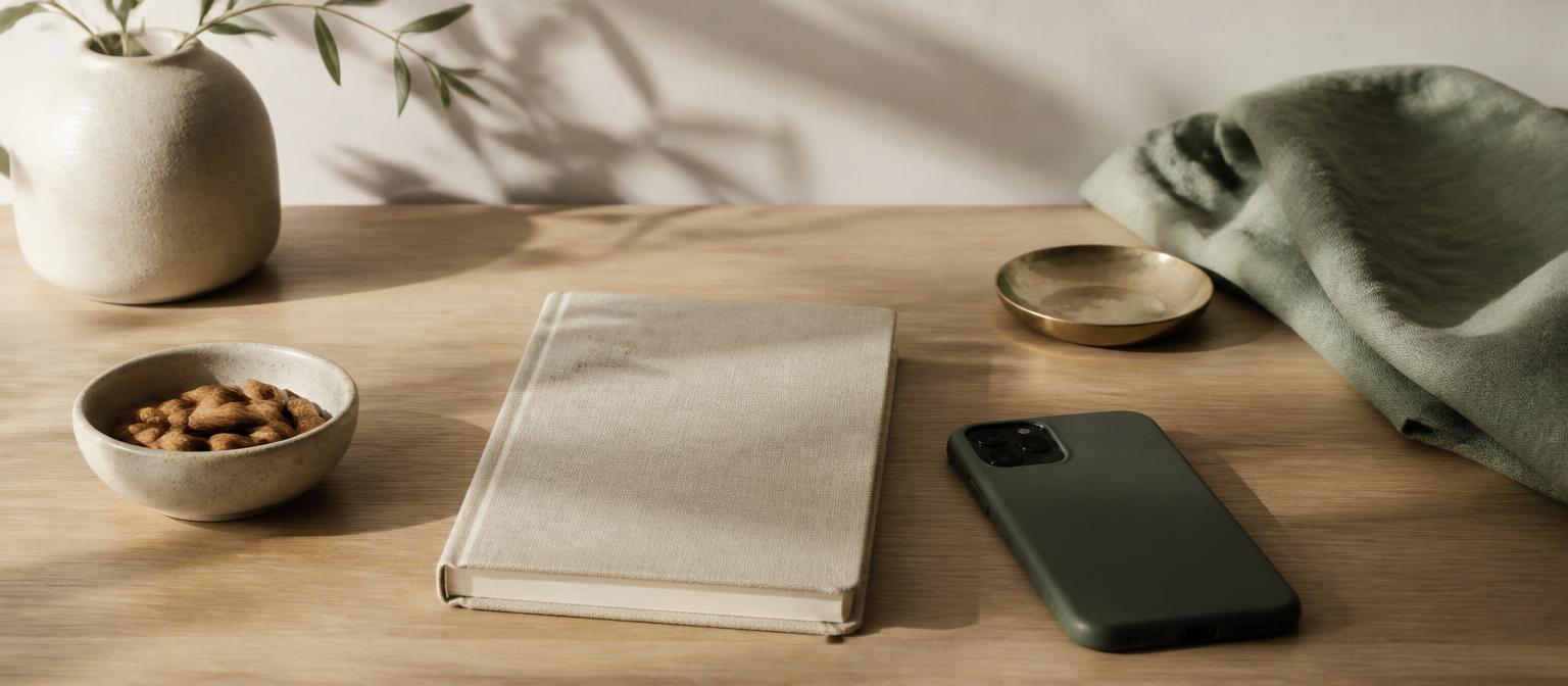 Calm minimal desk with a notebook, phone and a bowl of almonds