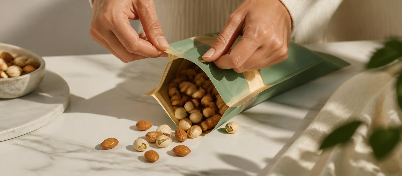 Hands opening a sealed premium dry fruit pouch on a marble table