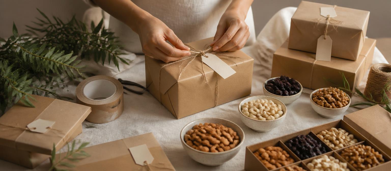 Kraft parcels of premium dry fruits being packed on a linen surface