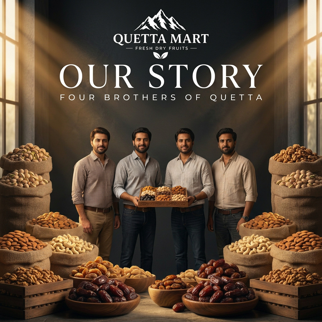 Quetta Mart logo above 'Our Story — four brothers of Quetta' in their premium dry fruits storehouse