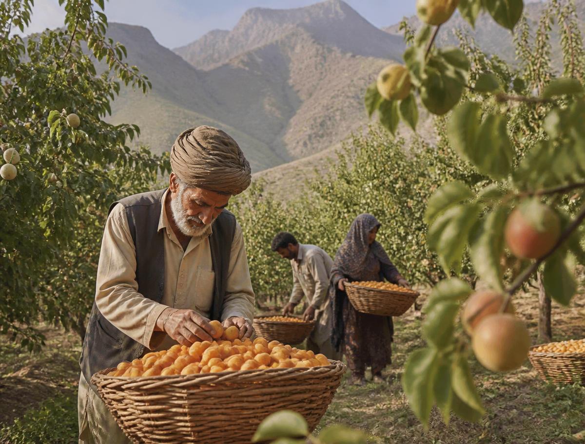 Growers harvesting apricots in a Balochistan highland orchard