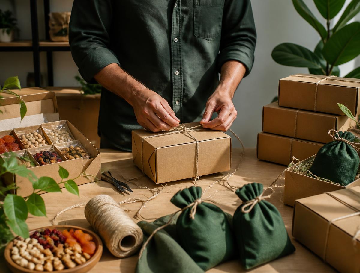 Premium dry fruit parcels being sealed for delivery