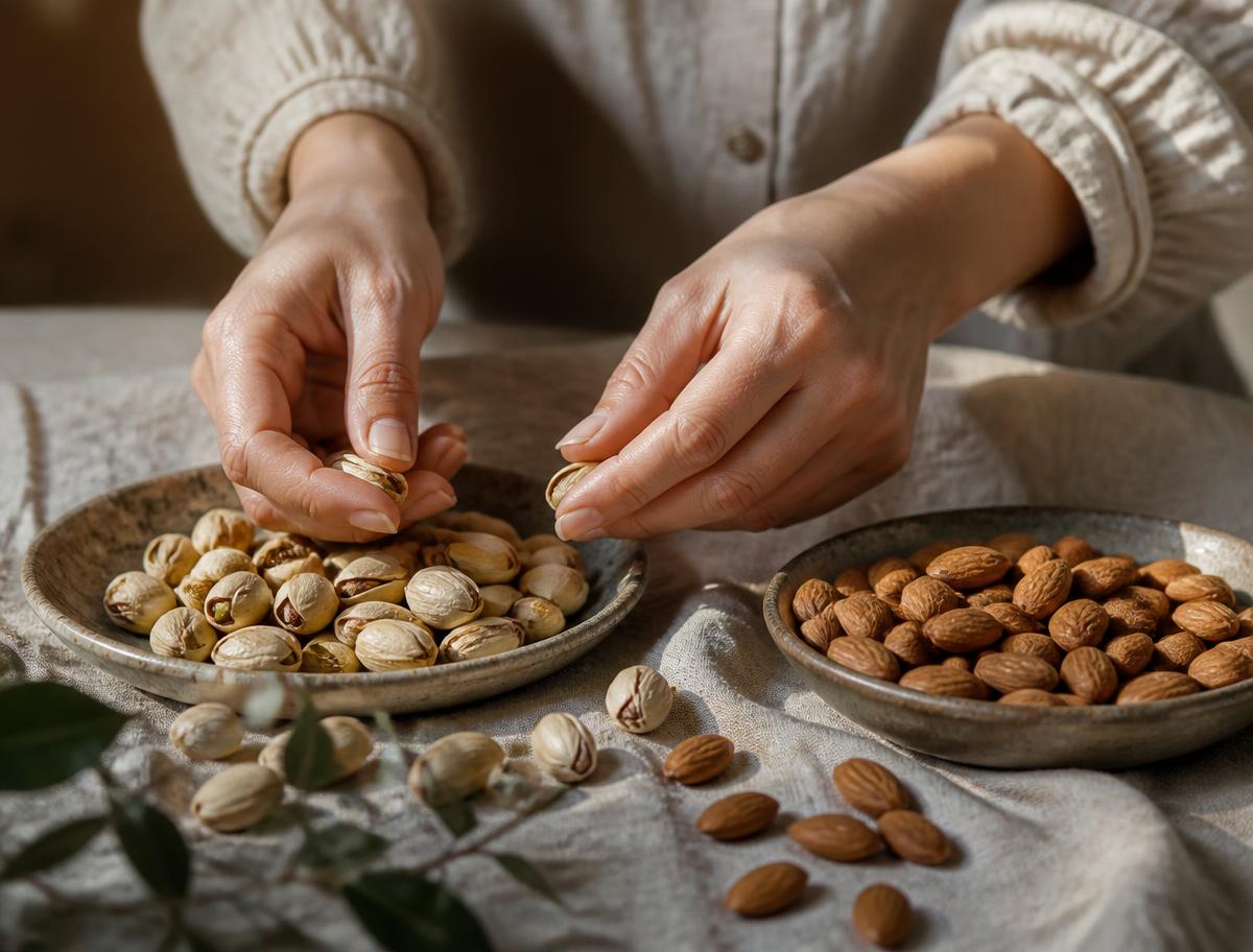 Hands sorting pistachios and almonds on a linen table